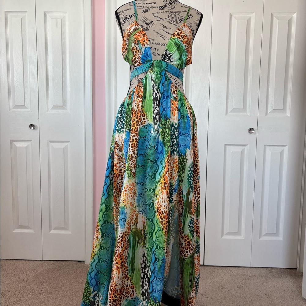 SHEIN Blue and Green Maxi Sundress Sleeveless Spaghetti Strap